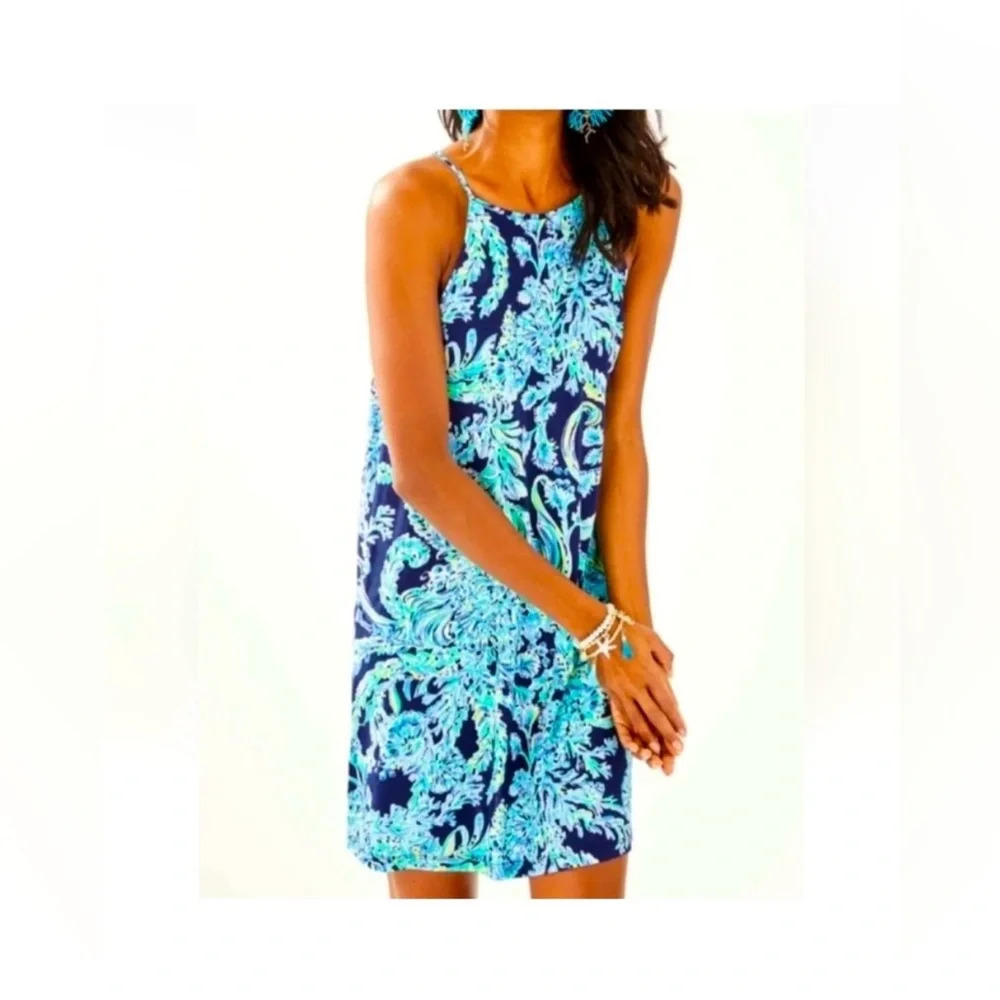 Lilly‎ Pulitzer High Tide Scuba Doo Margot Swing Dress Pima Cotton Navy Size S